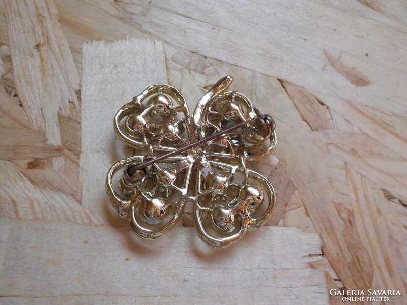 Retro stoned 4-leaf clover brooch