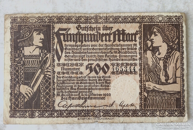 Inflációs notgeld, 500 német márka – Mönchengladbach, 1922 (VF-)