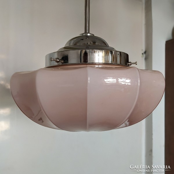 Refurbished art deco nickel-plated ceiling lamp - articulate pink hood