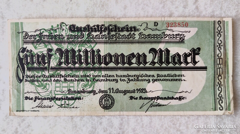 Inflációs notgeld, 5 millió német márka – Hamburg, 1923 (VF-)