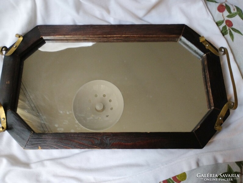 Antique mirror tray with wooden frame