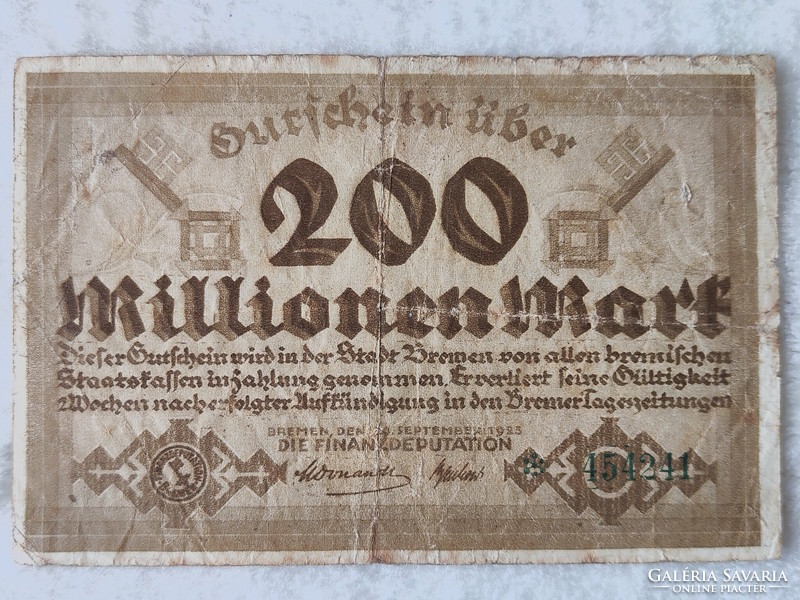 Inflációs notgeld, 200 millió márka – Brémai szövetségi állam, 1923 (F)