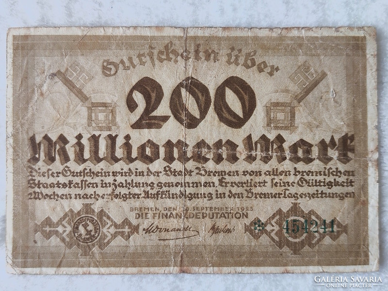 Inflation notgeld, 200 million marks - Federal State of Bremen, 1923 (f)