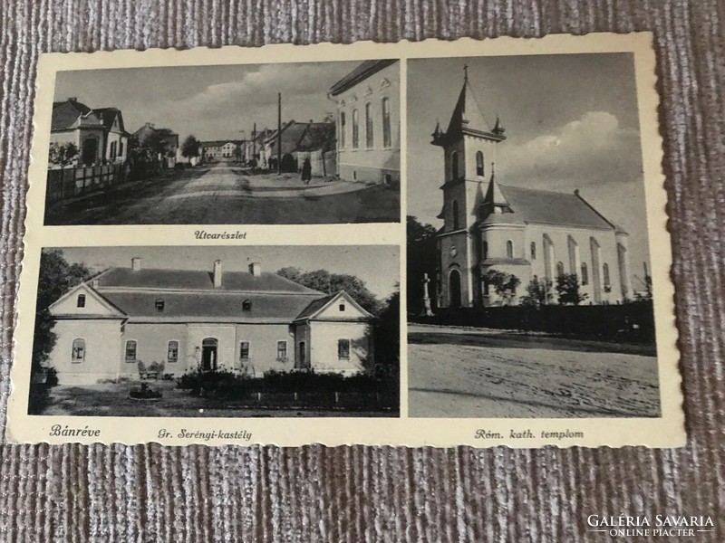 Bányve. Gr. Serényi - castle, part of street, ruins. Kath.Church on an old black and white postcard.