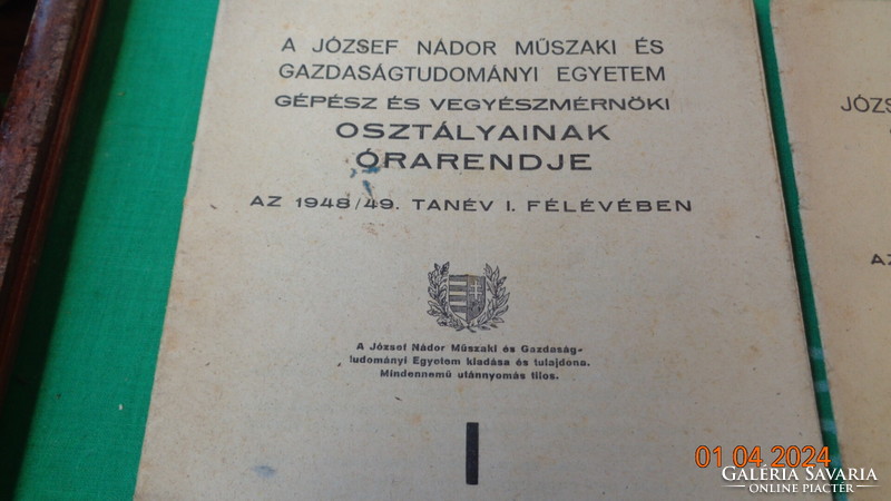 József Nádor Műszaki Egyetem ,  órarend  1948 - 1949 évi