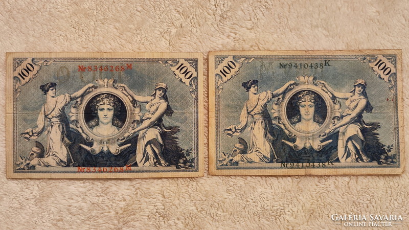 1908-as birodalmi 100 márkák: kék és zöld címerrel (VF) – Német császárság | 2 db bankjegy