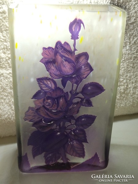 Gyönyörű lila virág mintás Tip Daum Nancy by Gallé váza 22.5 cm magas