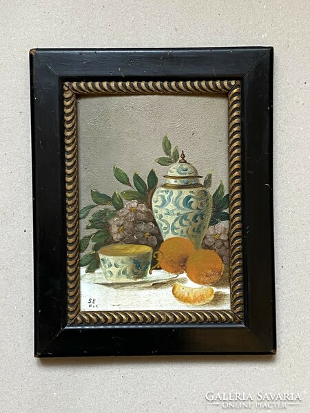 Marked Biedermeier antique fruit still life with porcelain jug in oil cardboard painting frame