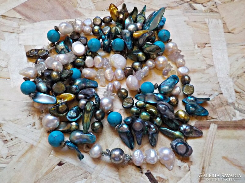 Extra-long necklace made with colorful real pearls, turquoise and rock crystal