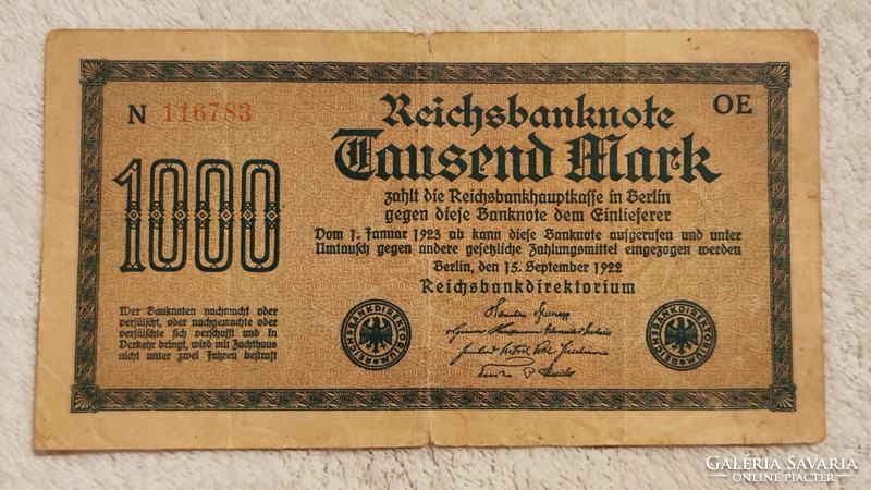 1922-es 1000 birodalmi márka (F) – Német weimari köztársaság | 1 db bankjegy