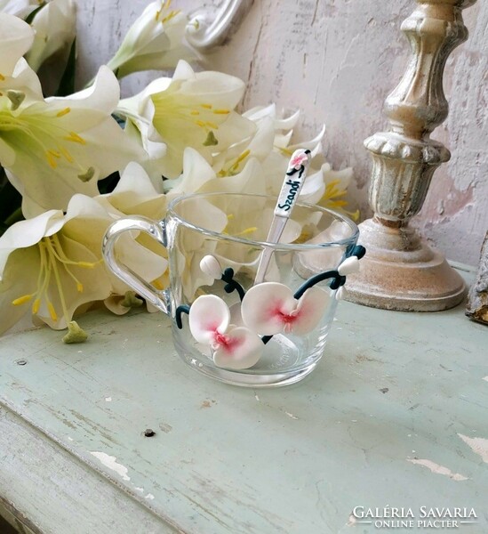 Orchideás csésze és kanál szett