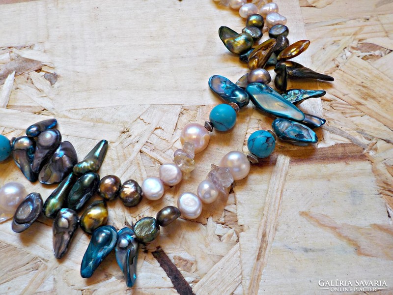 Extra-long necklace made with colorful real pearls, turquoise and rock crystal