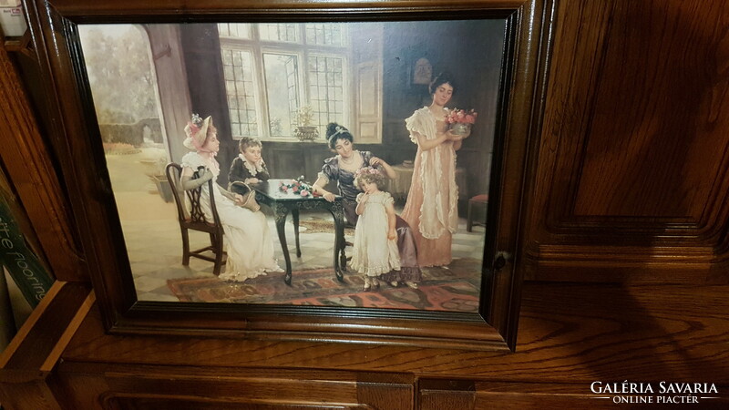 XIX. Century scene, table party, painting reproduction, in a massive new wooden frame