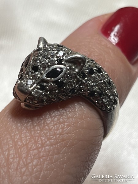 Leopárd fejes ezüst gyűrű 58 méretben