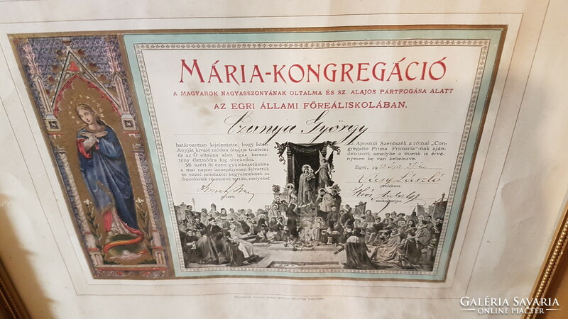 Beautiful printed document of the Congregation of Mary from 1913, in an old gilded wooden frame.