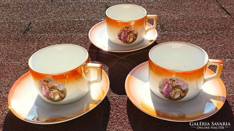 Zsolnay mitológiai  életképes  lüszter mázas teás csésze készlet alátét kistányérokkal