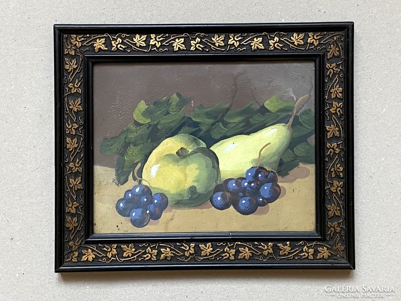 Pears and grapes in antique fruit still life in oil cardboard painting frame