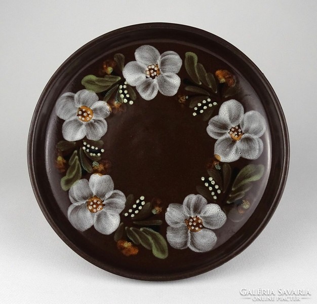 1Q898 old brown glazed Városlőd ceramic table center serving bowl with flower decoration