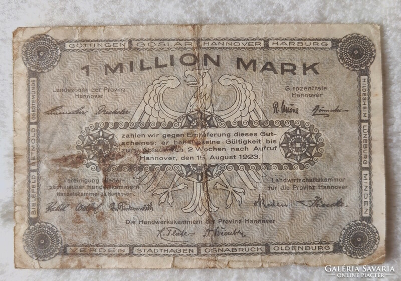 Inflációs notgeld, 1 millió márka – Hannoveri tartomány, 1923 (F+)
