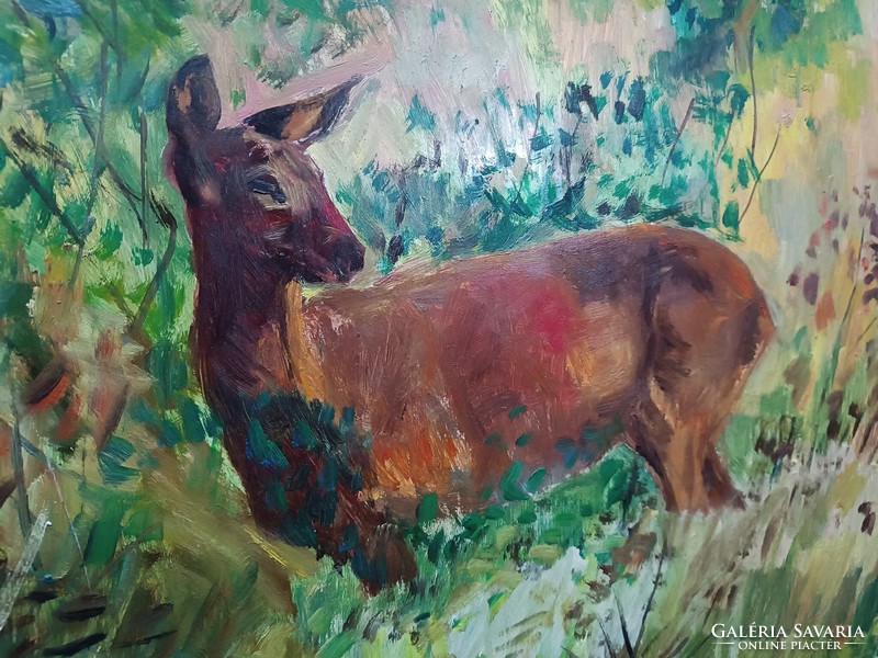 József Monos - deer in the field oil, wood fiber 50x70 cm