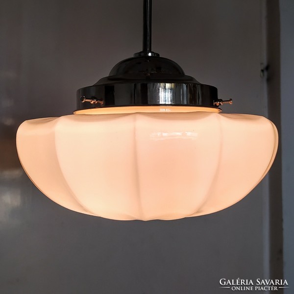 Refurbished art deco nickel-plated ceiling lamp - articulate pink hood