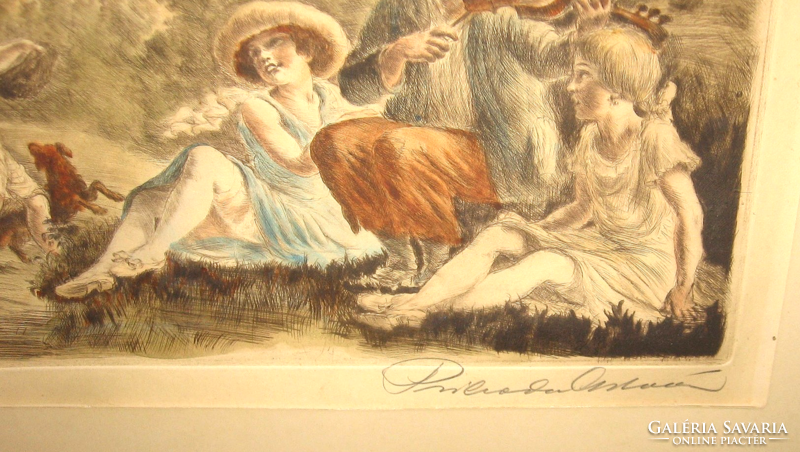 István Csodás Rimaša / 1891-1956 / : picnic colored etching