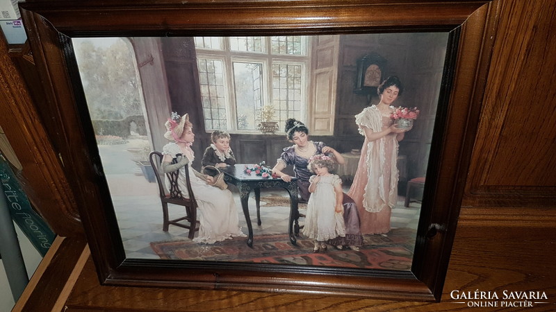 XIX. századi jelenet, asztaltársaság, festmény reprodukció , massziv uj  fa keretben