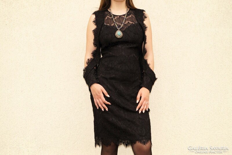 Fekete elasztikus csipke ruha, alkalmi estélyi csipke ruha, új fekete báli csipke női ruha, 38-as