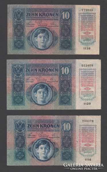 3x 10 Korona 1915 (F, F-, VG+)