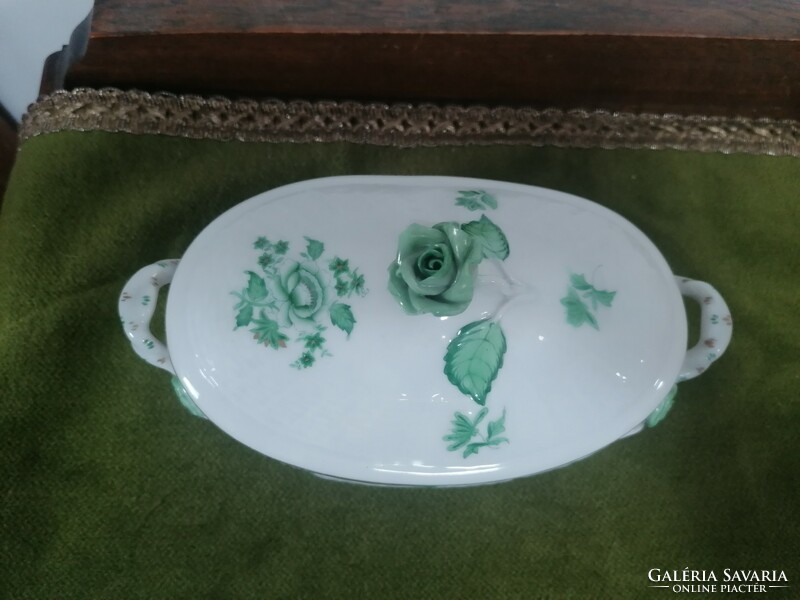 Herend green appony pattern bonbonier with rose holder