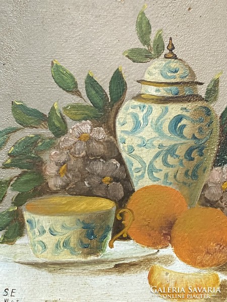 Marked Biedermeier antique fruit still life with porcelain jug in oil cardboard painting frame