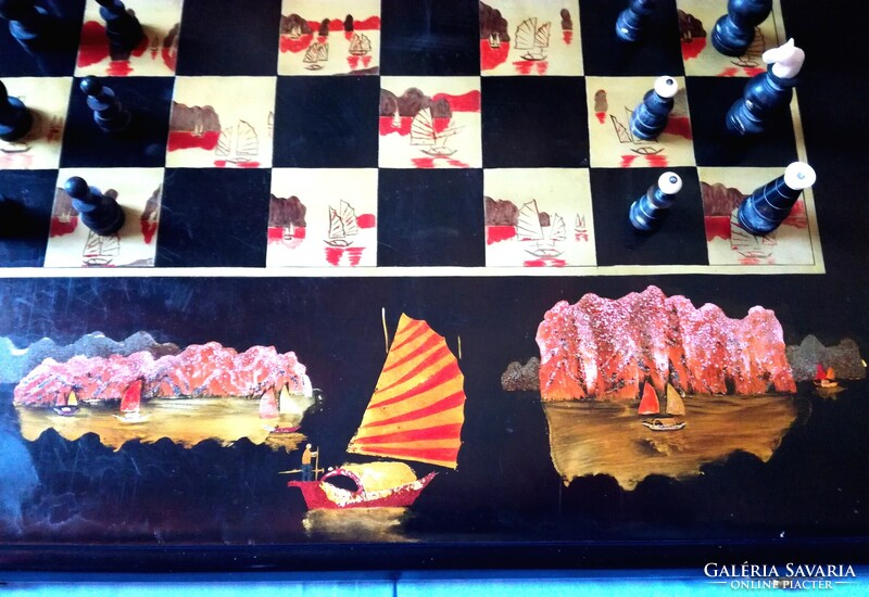 Antique painted and carved chess set