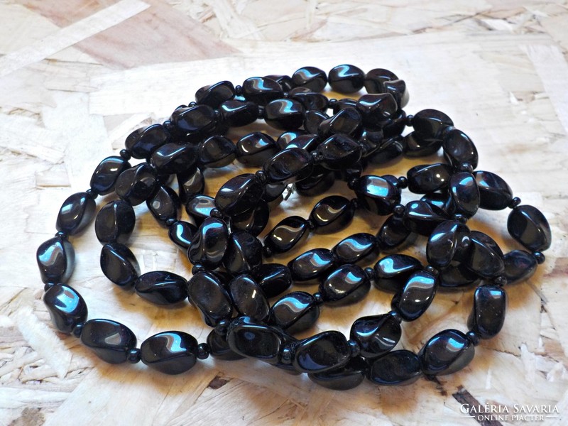 Old extra long black glass bead necklace