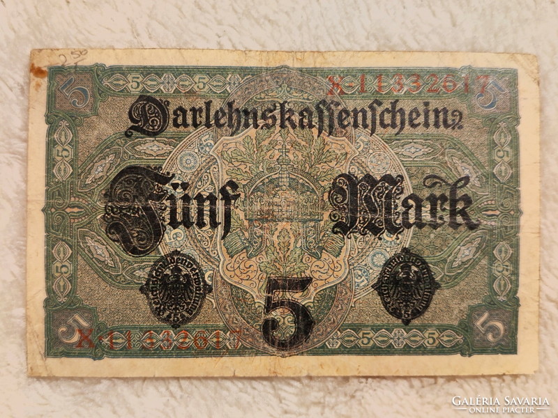 1917 German 5 marks (darlehnskassenschein, f+) | 1 banknote