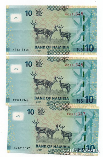 10   Dollár  3 db Sorszámkövető  2015    Namibia