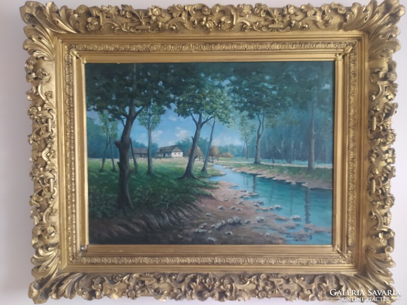 Mihály László: farm with a stream oil canvas painting in a beautiful frame flawless 60 x 80 cm/ 90 x 110 cm