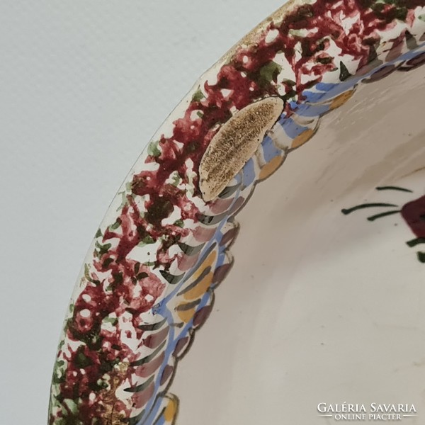 Hódmezővásárhely, colorful lace pattern, floral, white glazed folk ceramic wall plate (2996)