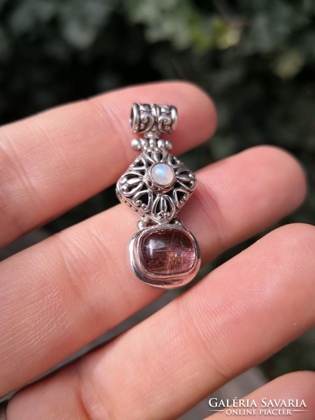 Beautiful melon tourmaline and moonstone silver pendant