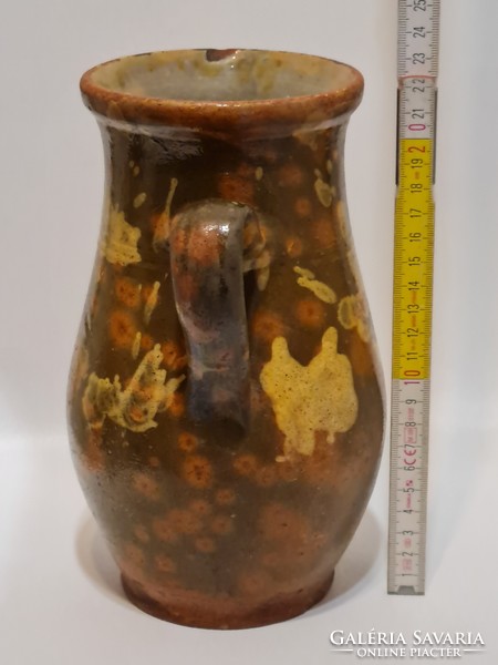 Folk, light brown, pale yellow glaze spots, dark brown glaze ceramic milk jug (2993)