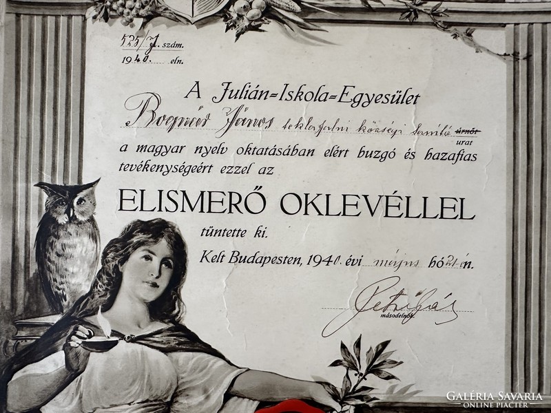 Julián-Iskola Egyesület elismerő oklevele levélzáróval 1940