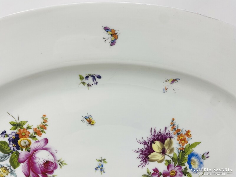 Antik Óherendi nagyméretű pecsenyés tál, kínáló tányér, virágcsokor és pillangó minátval  RZ