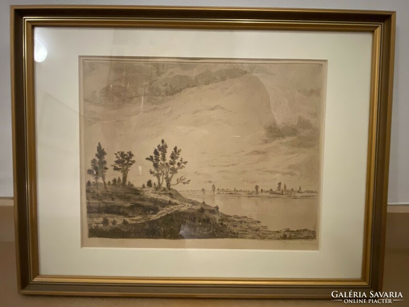 Gross arnold - Tiszapart (March 1953), landscape, etching/paper, early period, original, framed.