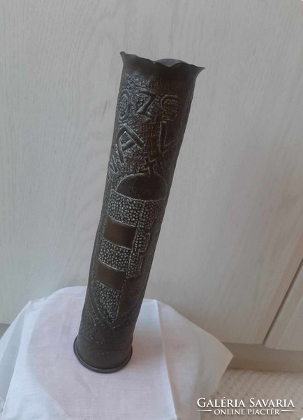 Old copper cartridge case POW vase war memorial from 1942 with Hungarian coat of arms