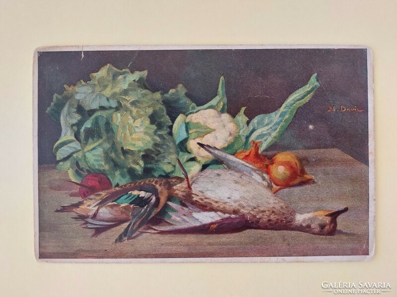 Old postcard hunting still life vegetable n. Davis