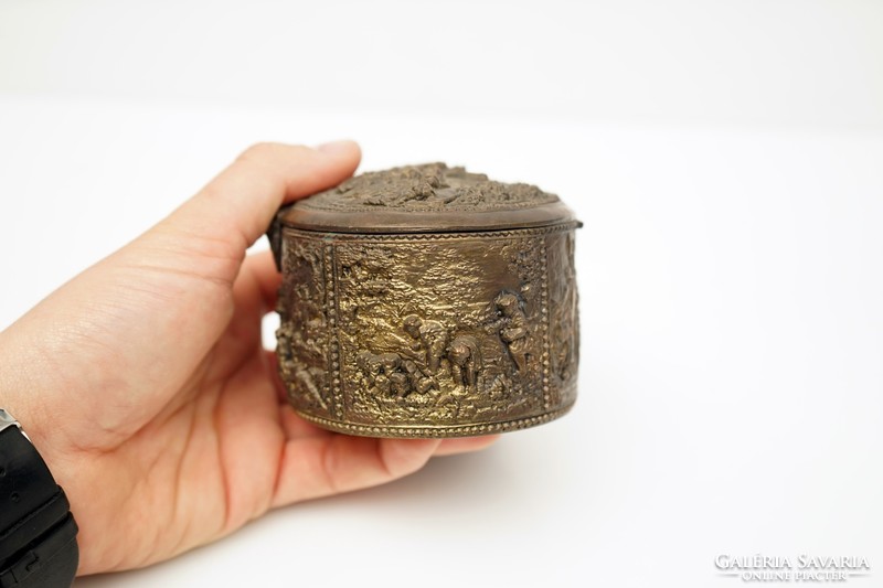 Antique French brass decorative box from the 1900s / old brass mythological pattern jewelry holder