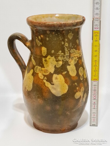 Folk, light brown, pale yellow glaze spots, dark brown glaze ceramic milk jug (2993)