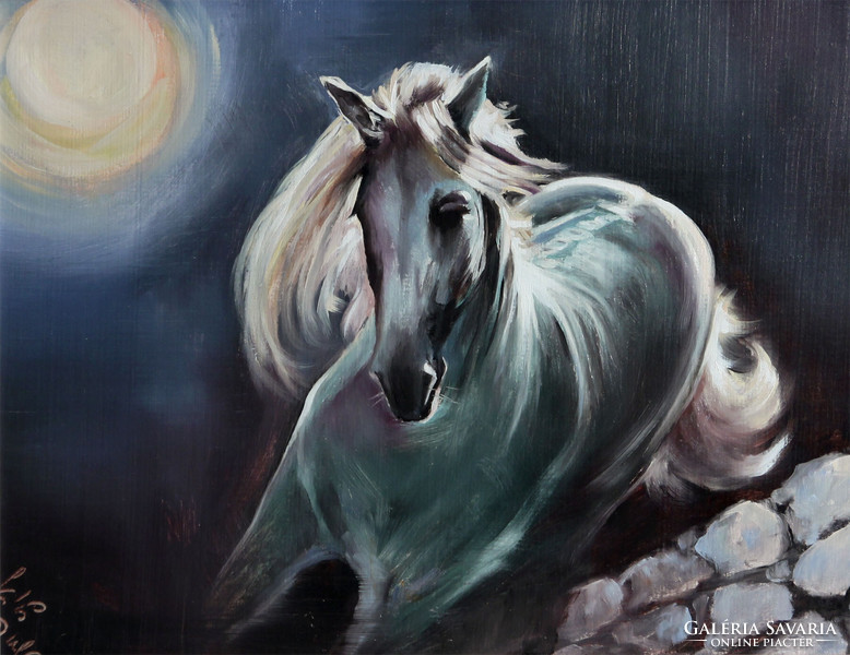 Gyula Bánfalvi (1936-2011) galloping horse in the evening light | moon moon world