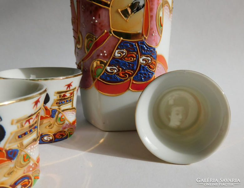 Japanese hand-painted lithophan sake set with relief gilding