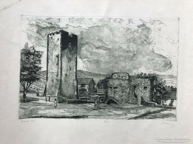 Rudolf Blahos: the Kiniz castle in Nagyvázsony - marked, numbered etching
