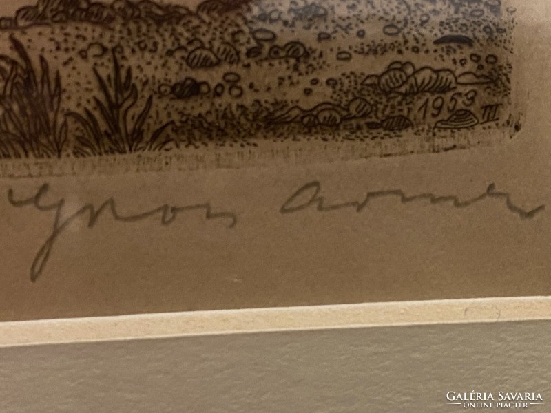 Gross Arnold - Tiszapart (1953. március), tájkép, rézkarc/papír, korai időszak, eredeti, keretezett.